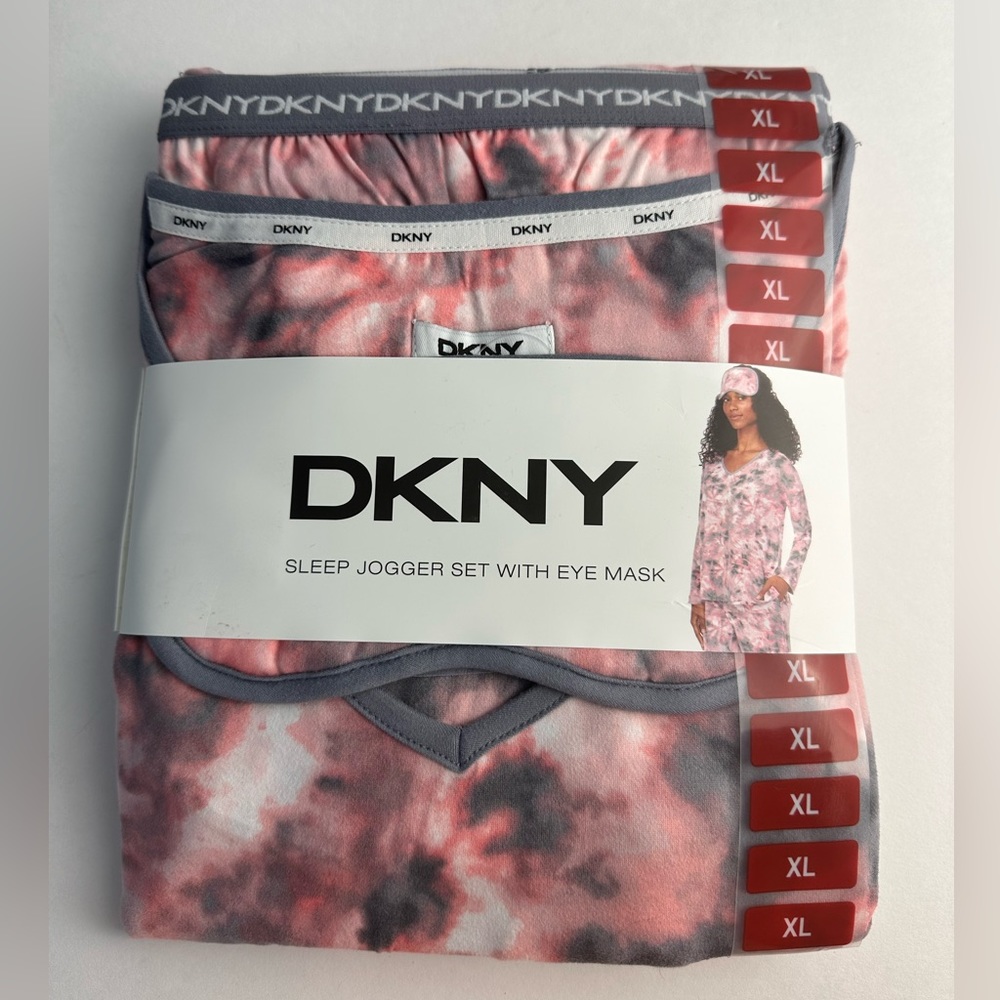 DKNY 3 Piece Sleep Jogger Set with Eye Mask NWT Pink Gray Tie Dye Super Soft